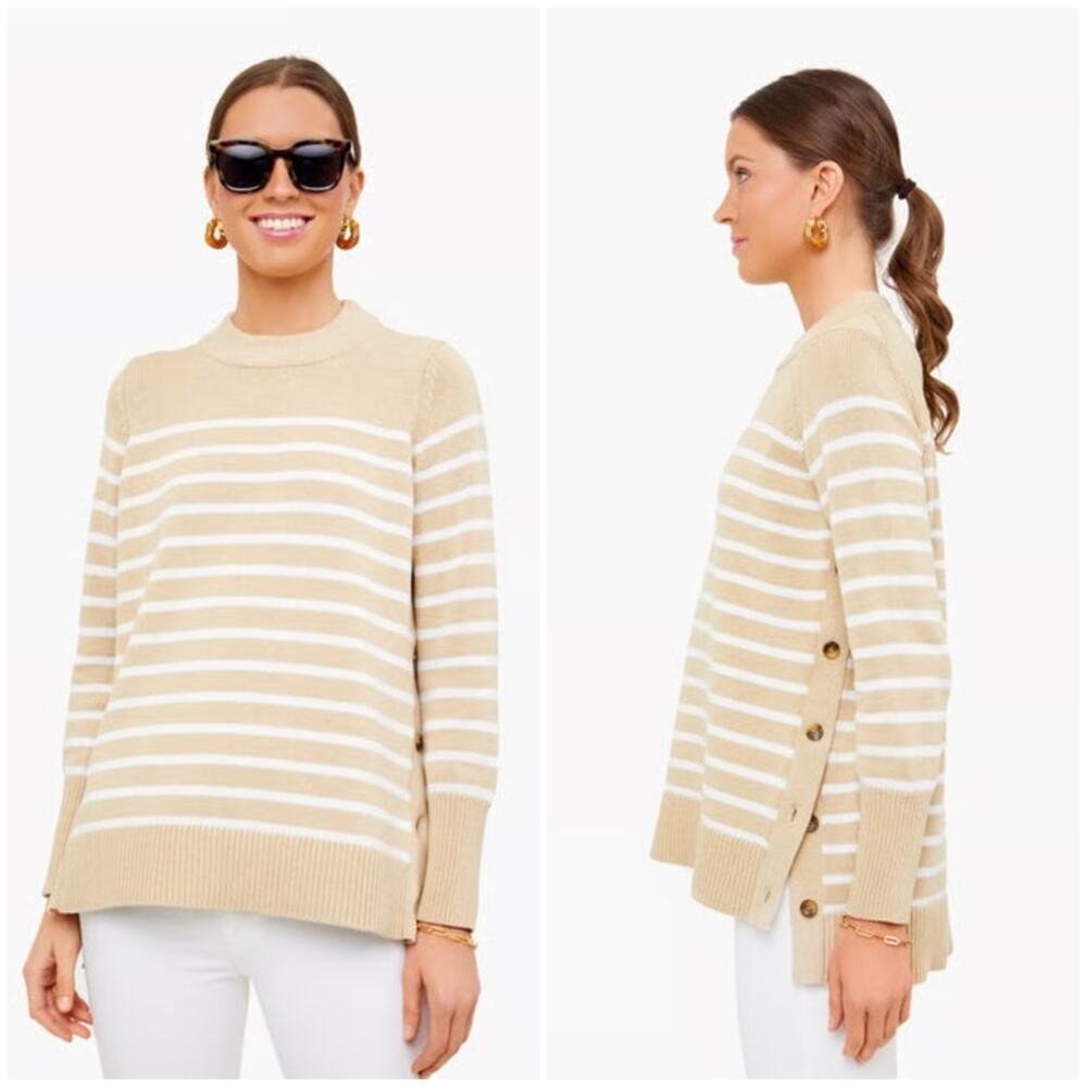 Tuckernuck Tan Stripe Bar Harbor Sweater Medium Classic Prep Cotton Crewneck